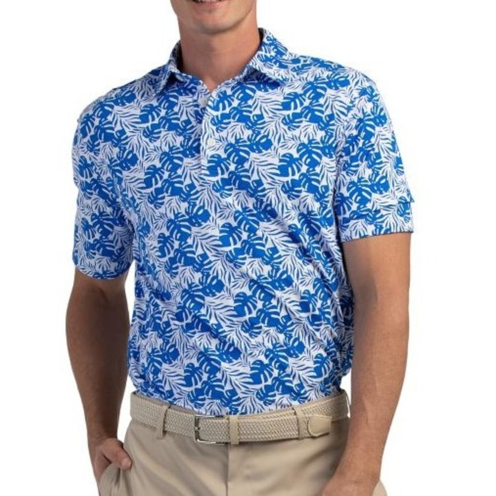 NEW IBKÜL Polo Shirt Men Large Royal Blue TropicaL‎ Leaf Print Icefil UPF 50+